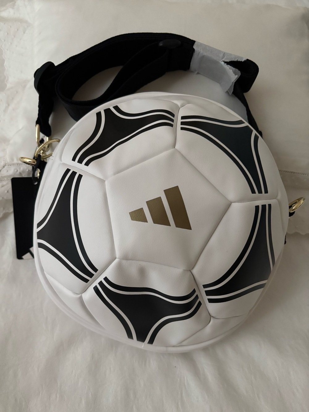 adidas White & Black Soccer Ball Crossbody with Gold Logo Accent